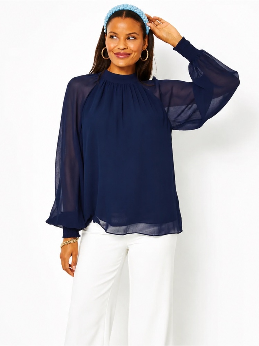 NWT Lilly Pulitzer Ellielynn navy blue high tie neck sheer sleeve top size 8